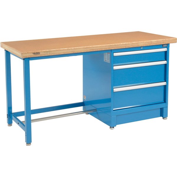 Global Industrial 72W x 30D Modular Workbench with 3 Drawers, Shop Top Safety Edge, Blue 711150